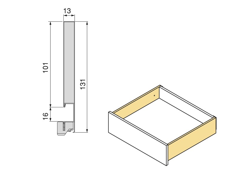 fioka-emuca-vertex-sa-metalnim-antracit-sivim-stranicama-visine-131mm-presek- fioka EMUCA VERTEX VISINE 131mm