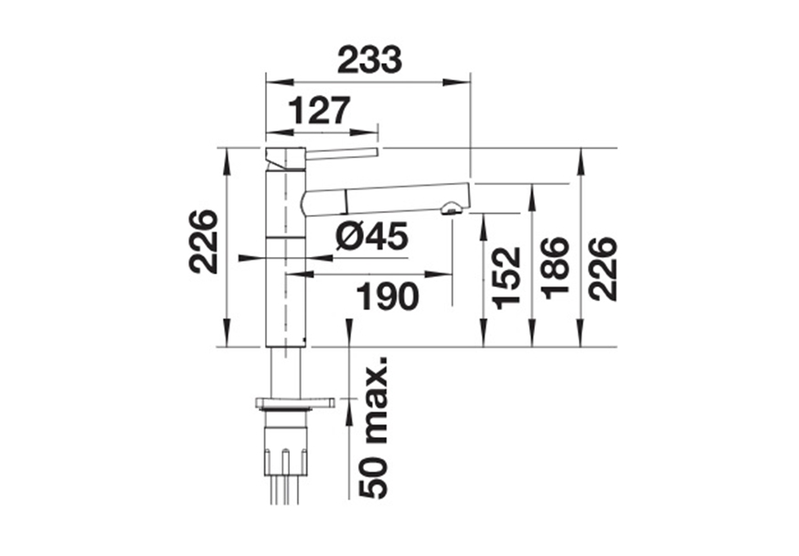 slavina-blanco-alta-s-ii-saten-dark-steel-527555-dimenzije-bocni-pogled Slavina Blanco Alta-S II SATEN DARK STEEL sa tušem