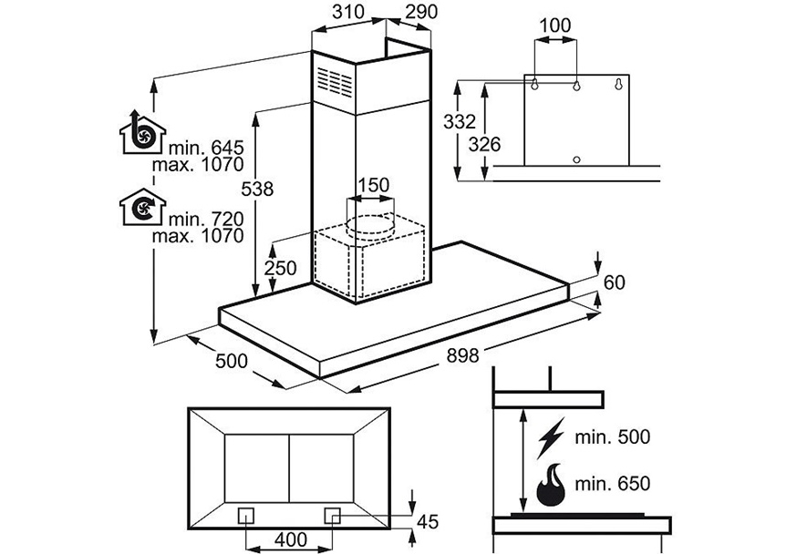 dekorativni-aspirator-aeg-DBB4950M-dimenzije AEG DBB4950M dekorativni aspirator širine 90cm