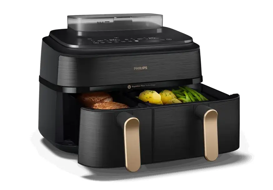 airfryer-friteza-na-vruc-vazduh-sa-dve-korpe-philips-NA552-otvorena-fioka-bocni-pogled PHILIPS NA552/00 serije 5000 air fryer sa dve korpe